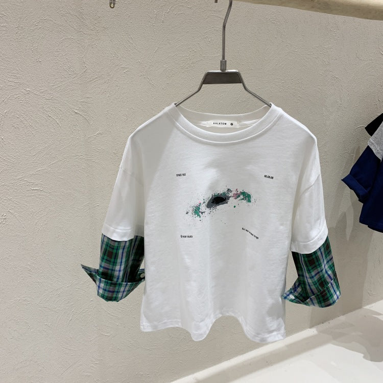 Spring Tops Color Contrast Long Sleeve T-shirt Plaid Casual Top Fashion