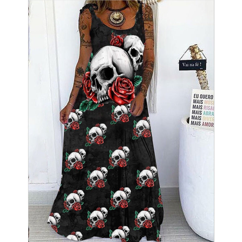 Skull Dress Summer Printed Loose plus Size Lace up Dress