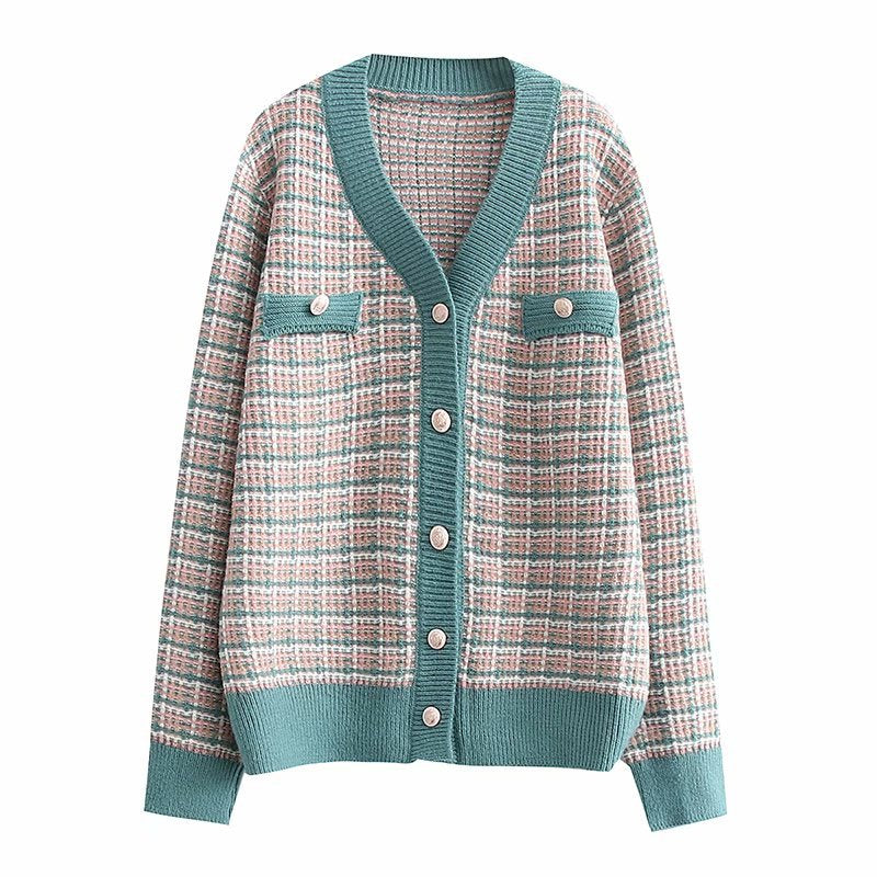 Women Fall Outfits Fall V-neck Single-Breasted Cardigan Sweater Plaid Multi-Color Coat