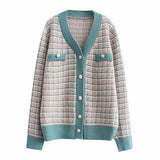 Women Fall Outfits Fall V-neck Single-Breasted Cardigan Sweater Plaid Multi-Color Coat