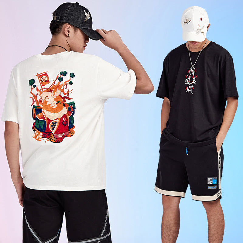 Zodiac Shirts Summer Pig Three-Dimensional Embroidery Cotton round Neck Short Sleeve Shirt