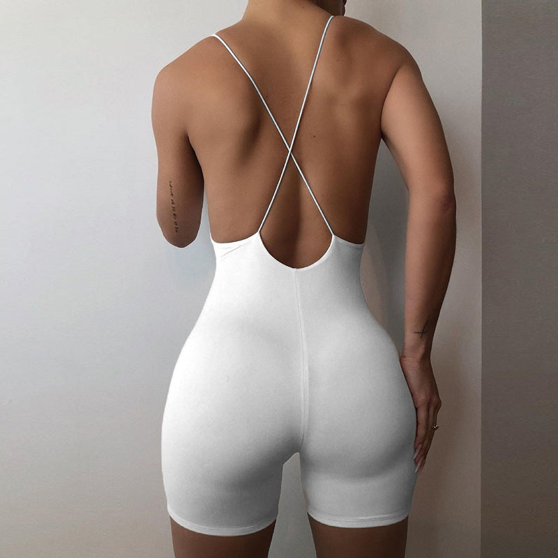 Summer Solid Color Sexy Suspenders Backless Tight Shorts Jumpsuit for Women