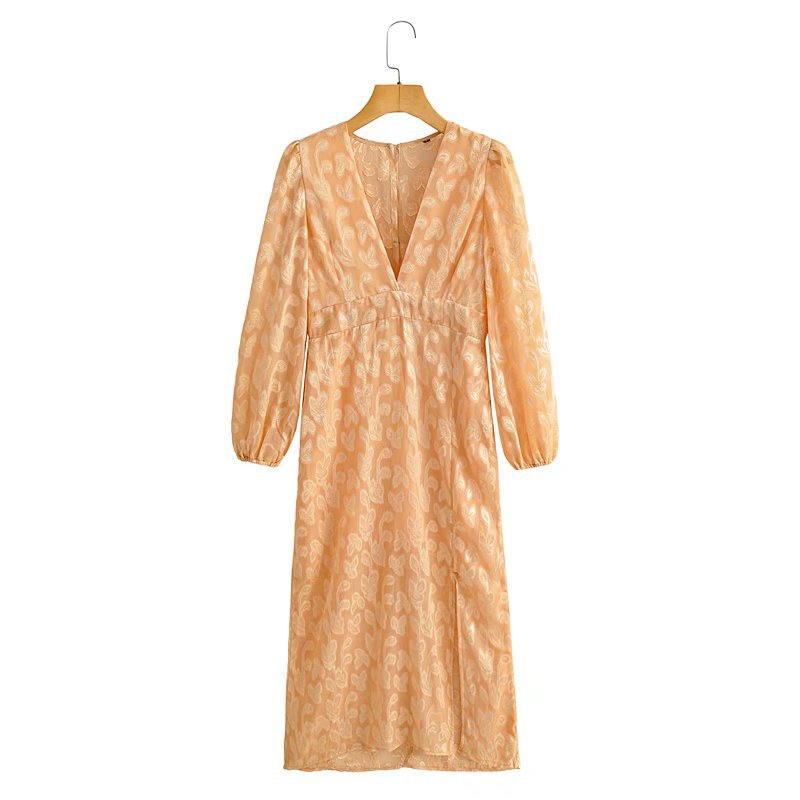 Women Fall Fall Long Sleeve Jacquard Sexy Side Slit Dress V-neck Waist-Slimming Long Dress