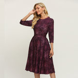 Mauve Dress Spring and Summer Dress Vintage Printed Round Neck Slim Fit Formal Mid-Length Dress