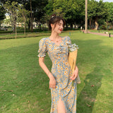 Aesthetic Dress Puff Sleeve Long Dress Summer Floral Skirt