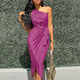 Mauve Dress Women's Long Dress Belt Slim Satin Dress