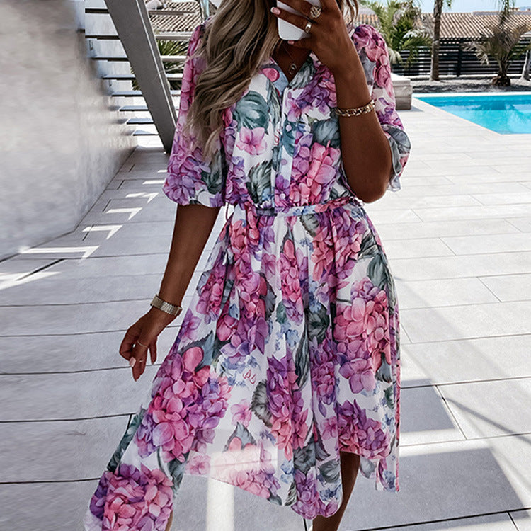 Summer Wedding Guest Dresses Fall Printed V-neck Button Short Dress
