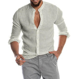 Sweat Wicking Shirt Autumn and Winter V-neck Linen Cardigan Stand Collar Long Sleeve Men's Shirt