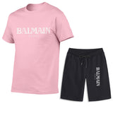 Balmain T Shirt & Sweatpant 2 Piece Set Men's Summer Casual Suit Printing Stylish Two-Piece Set