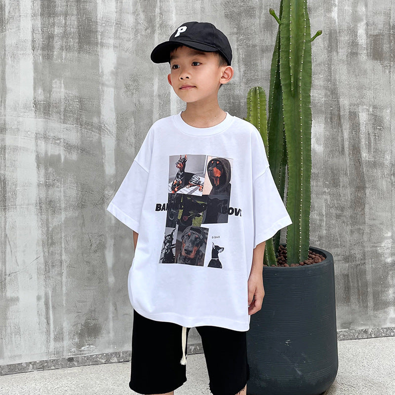 Kids Present Thoroughbred Doberman Dog Print T-Shirt Boy's Short-Sleeved T-shirt Summer Pure Cotton