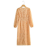 Women Fall Fall Long Sleeve Jacquard Sexy Side Slit Dress V-neck Waist-Slimming Long Dress