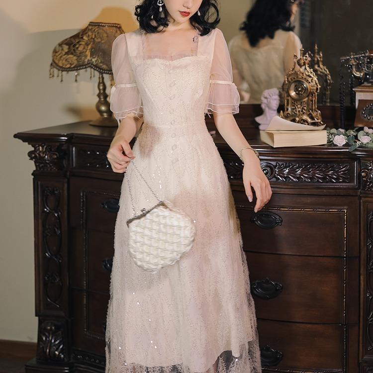 Women'S Cottagecore Dress Summer Short-Sleeved Lace Dress Women'S Summer Dress