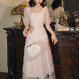 Women'S Cottagecore Dress Summer Short-Sleeved Lace Dress Women'S Summer Dress