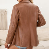 Cute Leather Jacket Mid-Length Slim-Fit Single-Breasted Trench Coat Solid Color PU Biker's Leather Jacket Top for Women