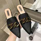 Finn Chain Pointed Toe Mule Spring and Autumn Lazy Pump Half Slippers Women's Outer Wear Chunky Heel All-Matching Low Heel Slippers Mules Shoes