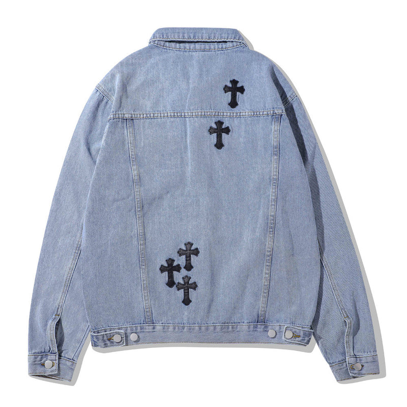 Men Denim Coat Jean Jackets Cross Patch Washed Denim Jacket Men Loose Lapels Jacket Denim Coat