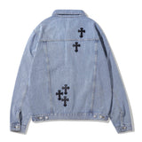 Men Denim Coat Jean Jackets Cross Patch Washed Denim Jacket Men Loose Lapels Jacket Denim Coat