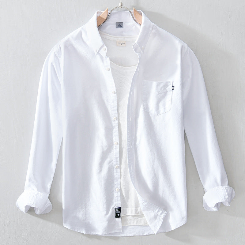 White Work Shirts Autumn Solid Color Oxford White Square-Cut Collar Loose Men's Shirt