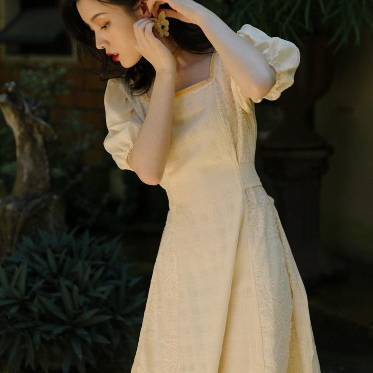 Women Retro Cottagecore Vintage Dress Square Collar Dres Summer Square Collar Light Yellow Dress Puff Sleeve Dress