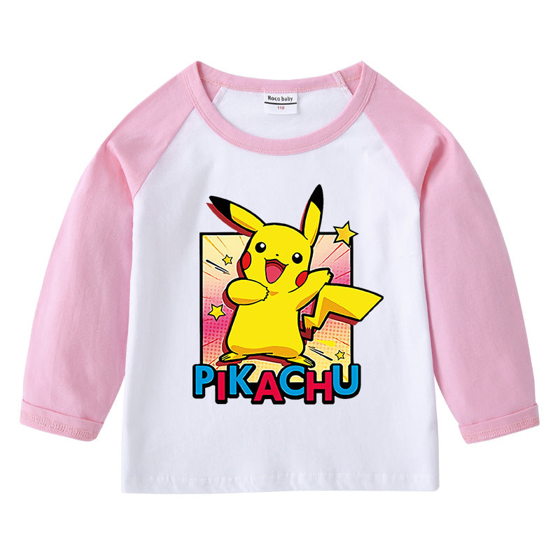 Children Pokemon Pikachu Hoodie Spring and Autumn T-shirt round Neck Long Sleeve Cotton Finger