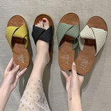 Women Open Toe Sandals Flats Summer Slippers Fashion Outerwear Cross Striped Sandals