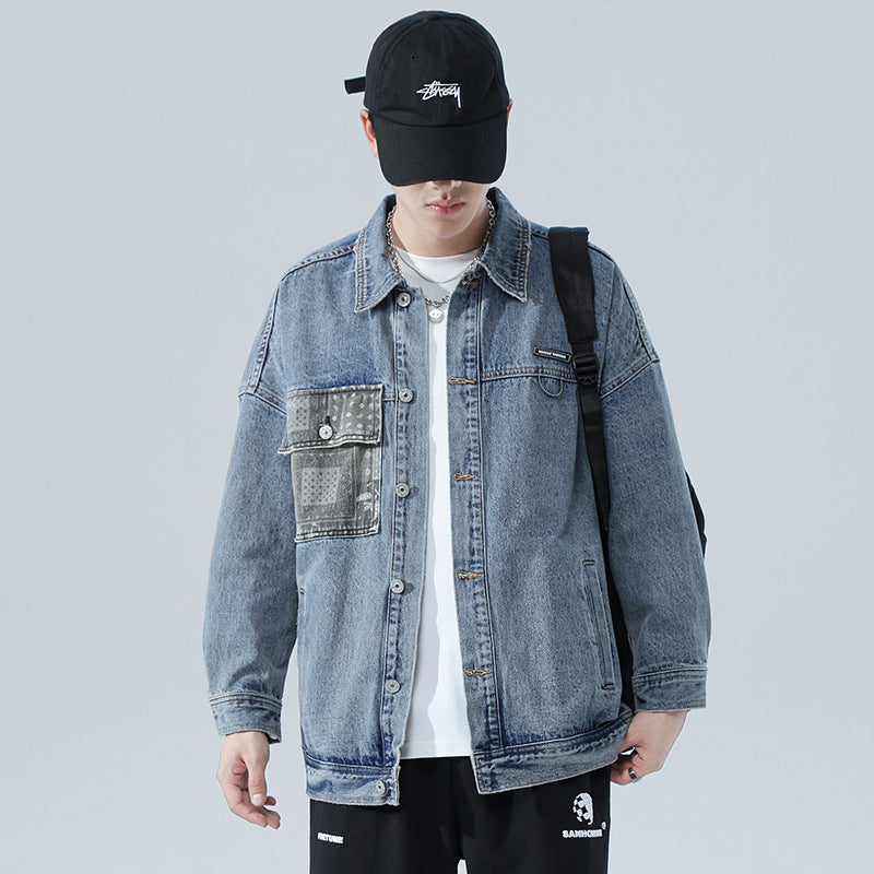 Denim Varsity Jacket Denim Jacket Men's Loose Autumn and Winter Washed Overalls Versatile Retro Jacket
