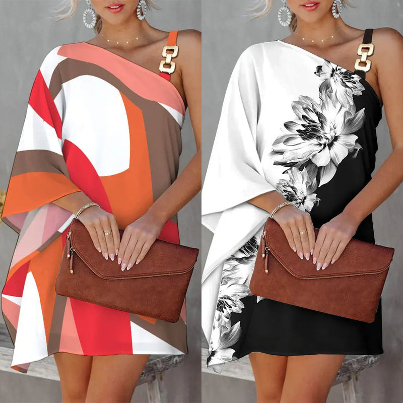 Nina Parker Graffiti Dress Sexy Diagonal Collar off-Shoulder Dress