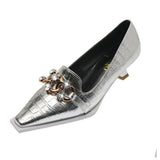 Finn Chain Pointed Toe Mule Crocodile Pattern Patent Leather Muller Pumps Rhinestone Metal Buckle Autumn Stiletto Square Head Kitten Heels Women
