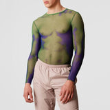 Men Rave T Shirt Long Sleeve See-through Men Green Gradient Stretch Transparent Sexy T-shirt