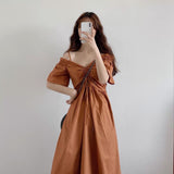 Burnt Orange Dress Summer Niche Salt Sweet Dress Women's Platycodon Grandiflorum Fried Street Fairy Design off-the-Shoulder Dress