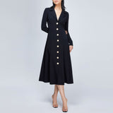 Women Spring Dress French Cardigan High Waist Midi Skirt Long Sleeve Solid Color Buttons Slim Dress