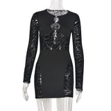 Homecoming Dresses Tight Autumn and Winter Mesh Solid Color Hollow out See-through Long Sleeve Narrow Sexy Dress