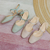 Nude Block Heels Closed Toe Spring Pearl round Toe Women's Shoes
