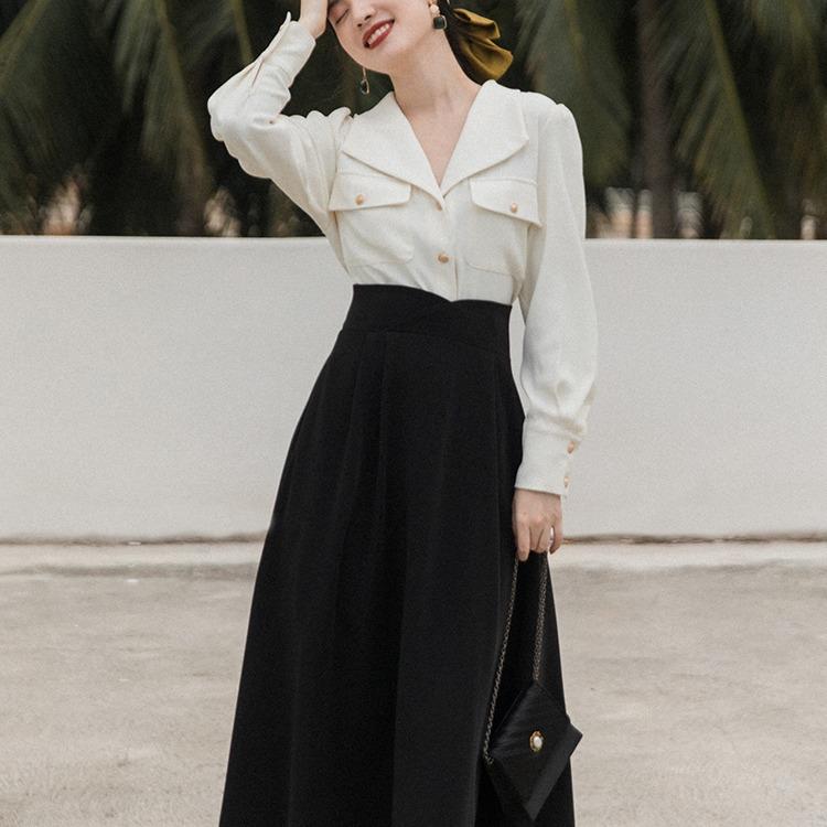 Women Retro Cottagecore Vintage Dress Spring White Top with Black Skirt Two-Piece Fashion