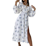 Emery Rose Dresses Long Sleeve Printed Halter Dress Puff Sleeve Split Dress