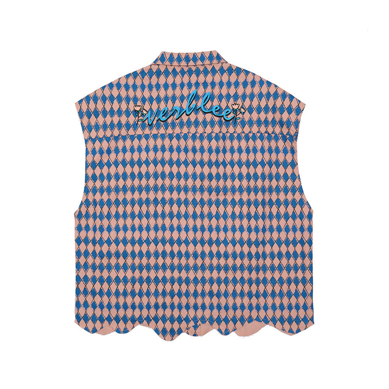 Men Sweater Vest Color Matching Rhombus Irregular Hem Casual Vest Men's Loose Lapels Vest Jacket