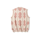 Men Sweater Vest Rhombus Jacquard Contrast Color Knitted Vest Men's Boyfriend Harajuku Style Loose V-neck Waistcoat Sleeveless Sweater