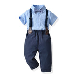 Children Boy Formal Shirt & Suspender Pants 2 Pieces Set Summer Short Sleeve Cotton Shirt Trousers Two-Piece Set