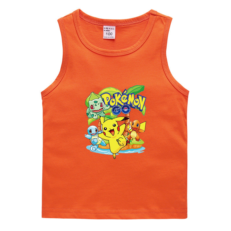Children Pokemon Pikachu T Shirt Cotton Leisure Sweat-Absorbent Solid Color Vest