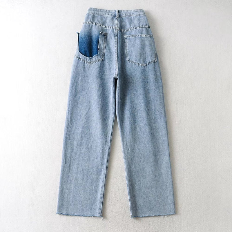 Women Fall Fall High Waist Jeans Hem Slit Wide Leg Trousers