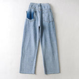 Women Fall Fall High Waist Jeans Hem Slit Wide Leg Trousers