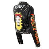 Women Leather Jacket Biker Motorcycle Coat Printed Contrast Color Jacket Motorcycle Leather Coat Female Suit Collar Coat