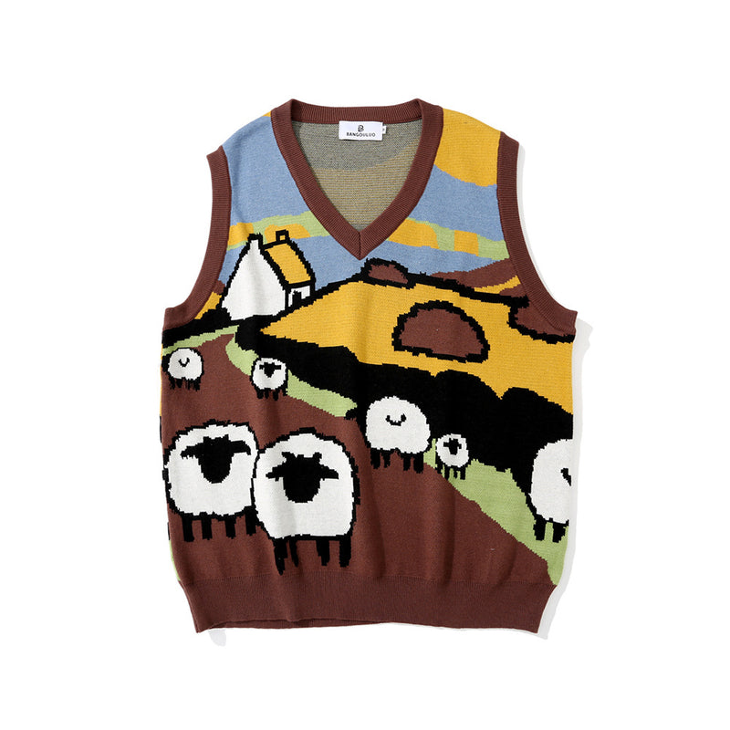Men Sweater Vest Cartoon Jacquard Sleeveless Sweater Vest Men's Idle Style Loose V-neck Waistcoat Sweater Couple Vest Coat