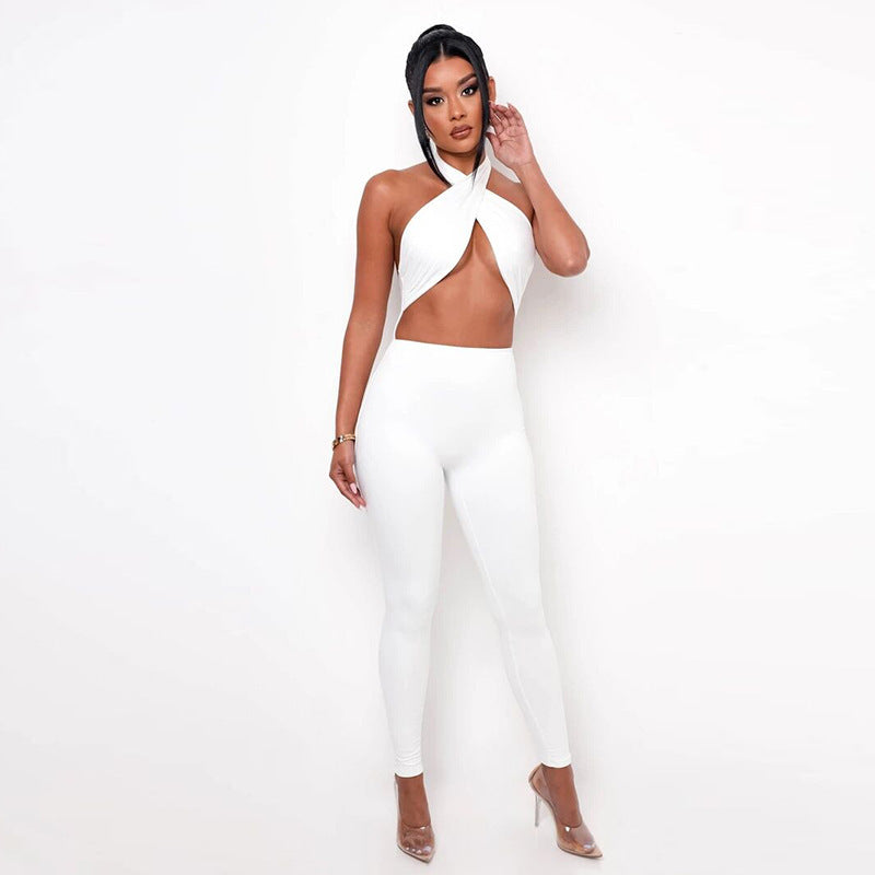 Summer Sexy Backless Halter Solid Color High Waist Tight Casual Sports Jumpsuit