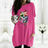 Skull Dress Casual round Neck T-shirt Women's Skull Printed Long Sleeve Loose Dress