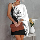 Nina Parker Graffiti Dress Sexy Diagonal Collar off-Shoulder Dress