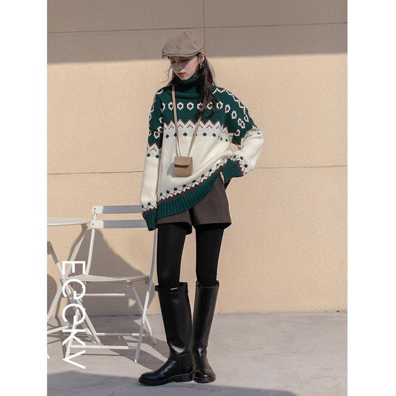 Fair Isle Sweater Cottagecore Outfits for Women Fair Island Turtleneck Sweater Winter Loose Red