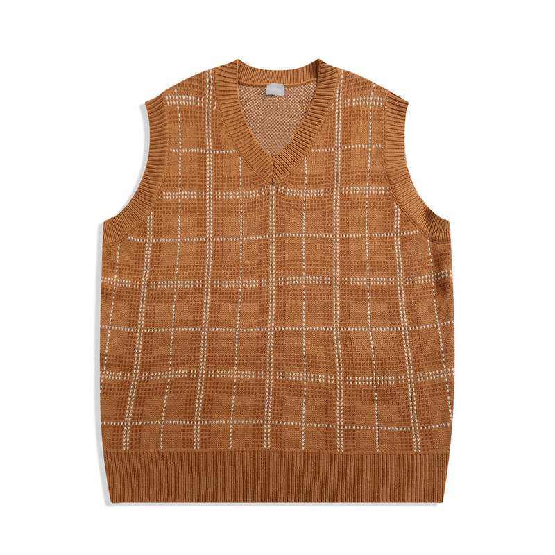 Men Sweater Vest BF Idle Style Plaid Sweater Vest Men's Autumn Loose V-neck Sleeveless Sweater Vest