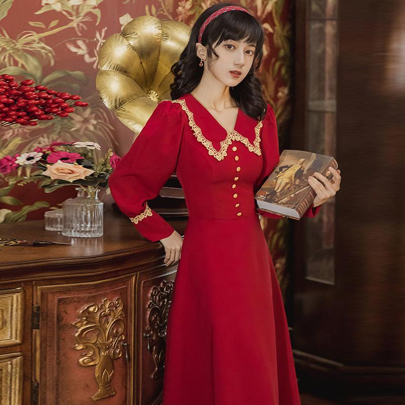 Women Retro Cottagecore Vintage Dress Summer Retro V-neck Long Sleeve Wine Red Corset Slim Mid-Length Evening Dress