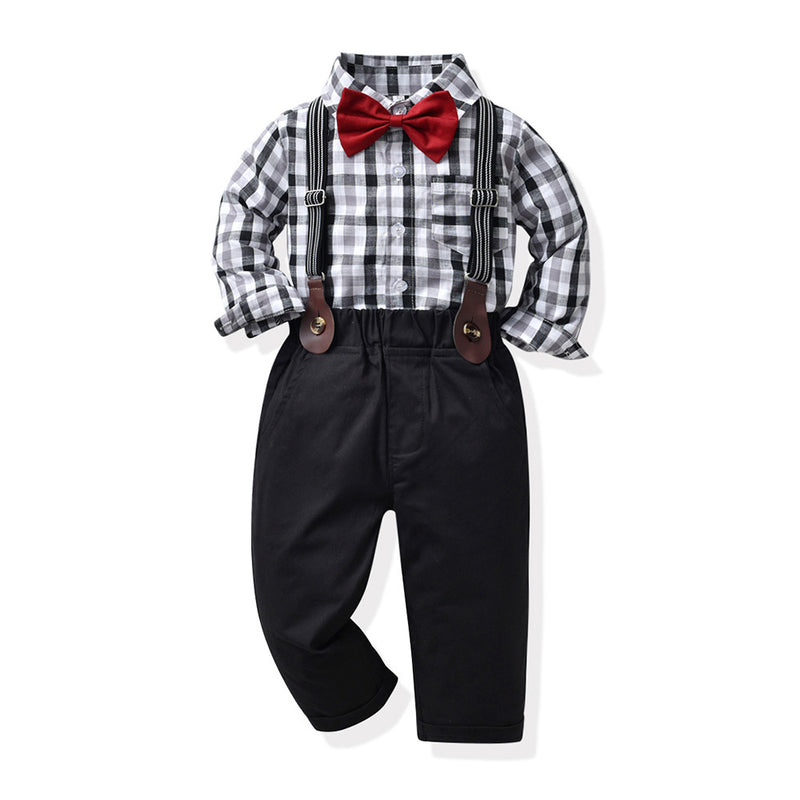 Children Boy Formal Shirt & Suspender Pants 2 Piece Set Children's Clothing Autumn Long Sleeve Printed Shirt